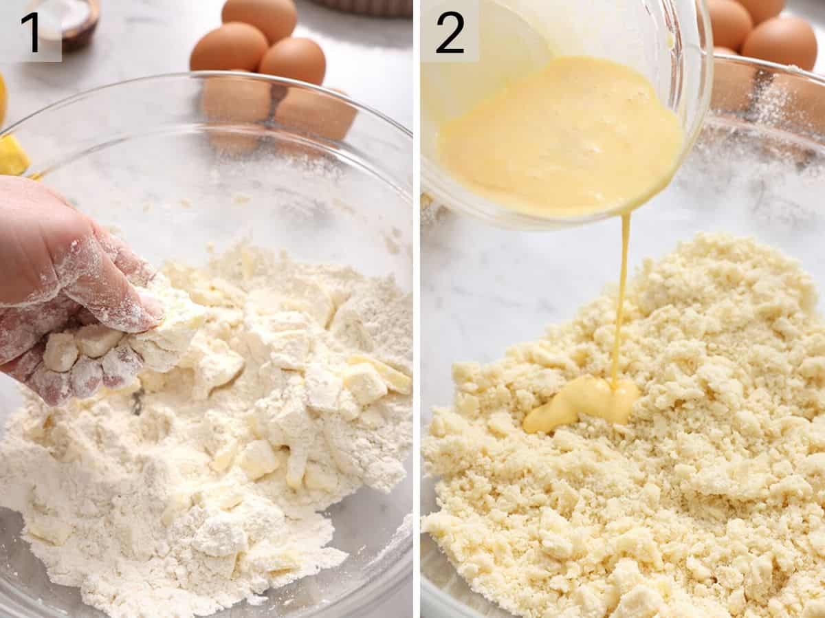 Two photos showing how to make a pie crust.