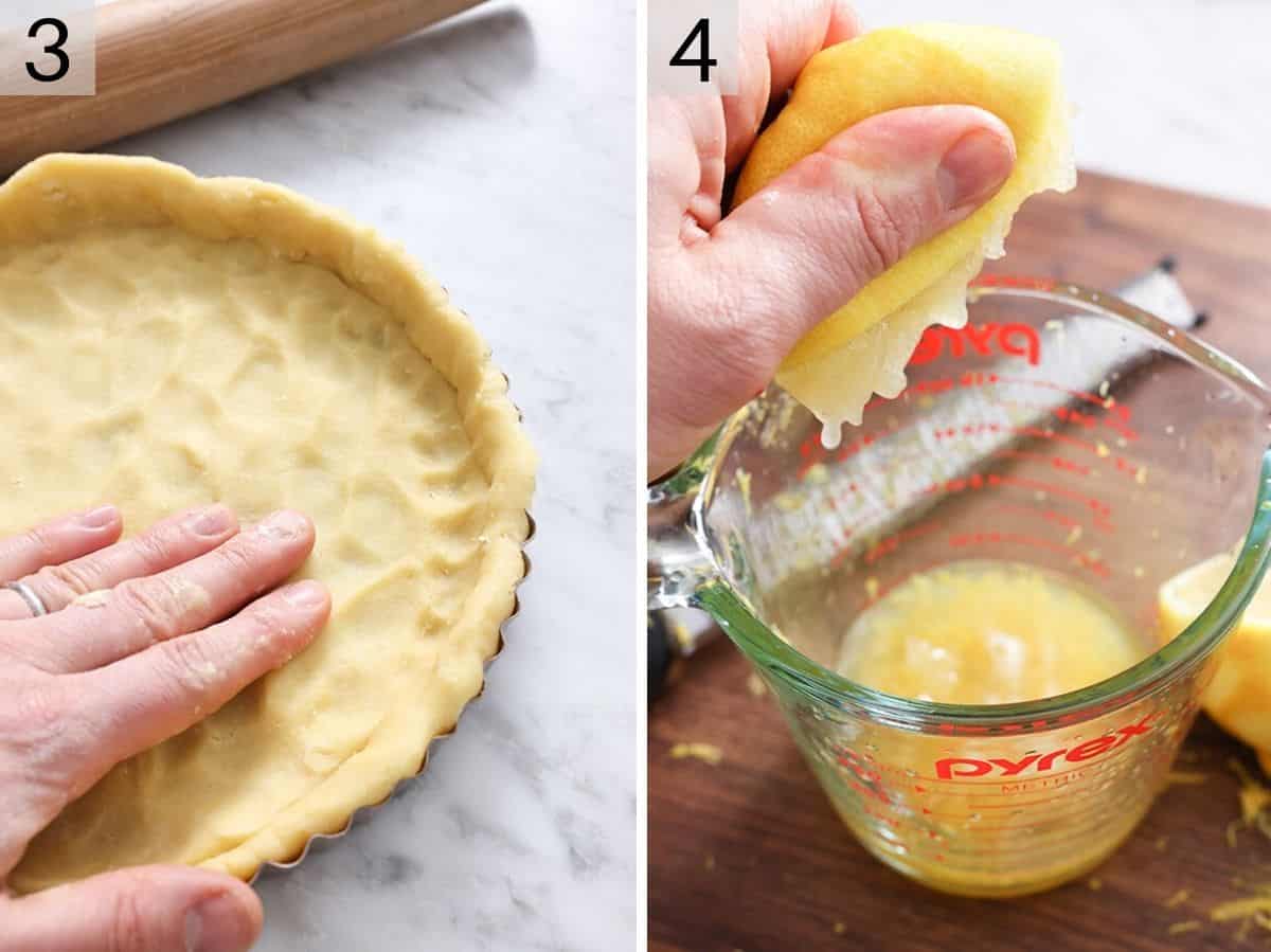 Two photos showing how to put a pie crust in a tart pan and squeeze lemon juice.