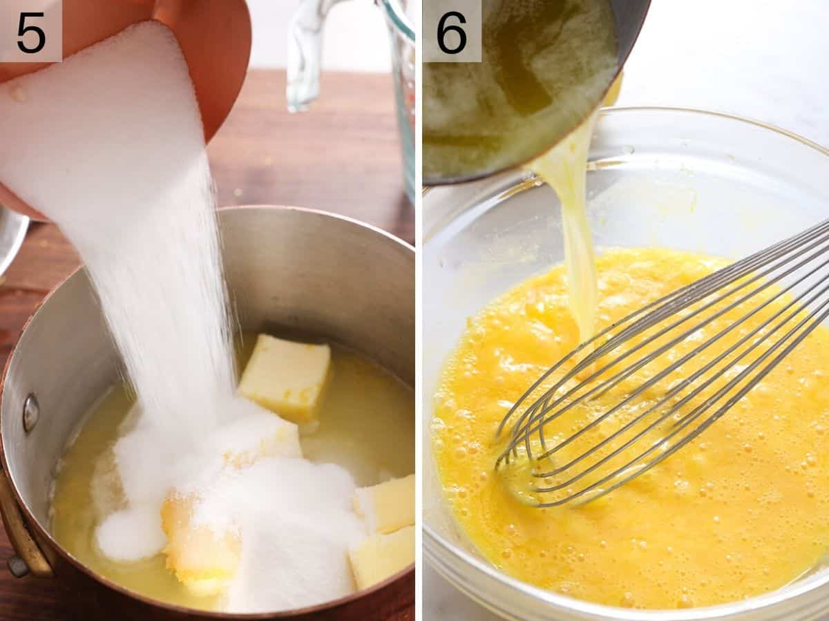 Two photos showing how to make lemon curd.
