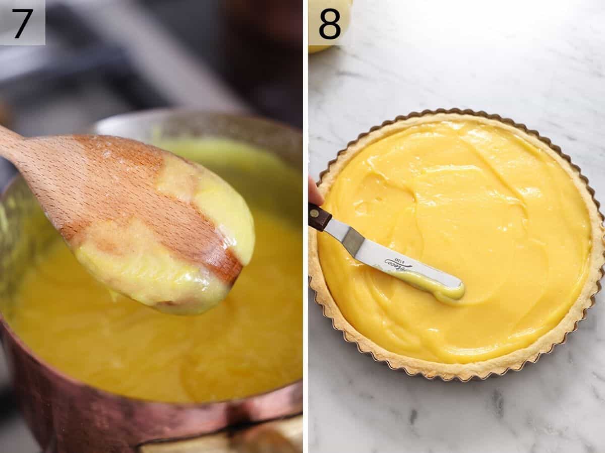 Two photos showing what lemon curd looks like when it's ready and filling a tart with it.