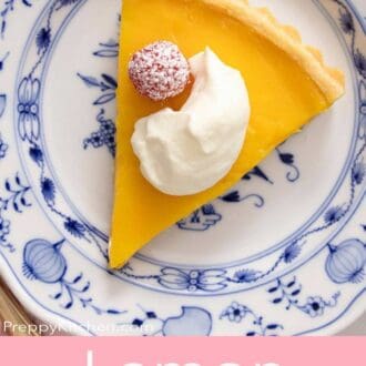 A Pinterest graphic of a slice of lemon tart on a plate.