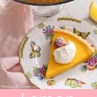 A Pinterest graphic of a lemon tart slice on a patterned plate.