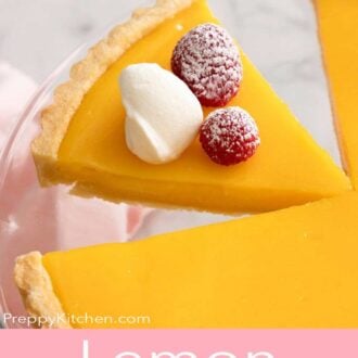 A Pinterest graphic showing a close-up of a slice of lemon tart cut from the whole tart.