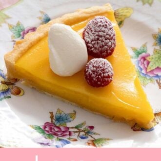 Pinterest graphic showing a close-up of a slice of lemon tart.