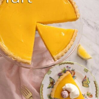 Pinterest graphic showing a lemon tart with slices cut out, one placed on a plate next to it.