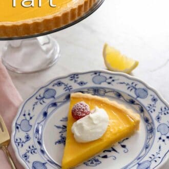 Pinterest graphic showing a slice of lemon tart on a plate with toppings.