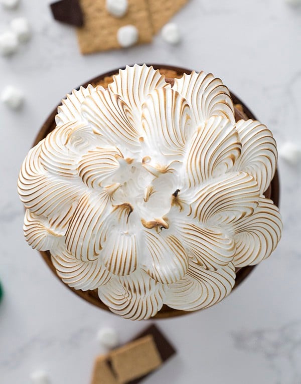 A top-down photo of a s'mores cake showing all the toasted marshmallow fluff.
