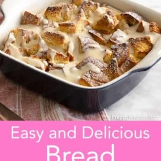 Pinterest graphic of bread pudding in a baking dish with vanilla sauce on top.