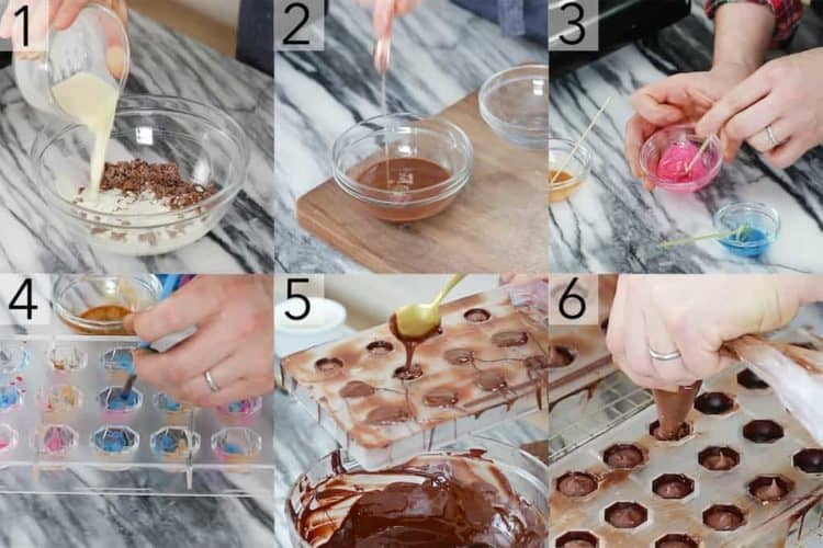 A photo showing steps on how to make chocolate bon bons.