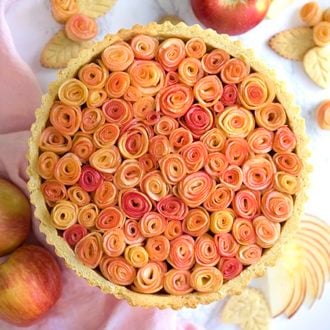 An apple rose pie. Peeled apples rolled up to look like roses and baked into a pie.