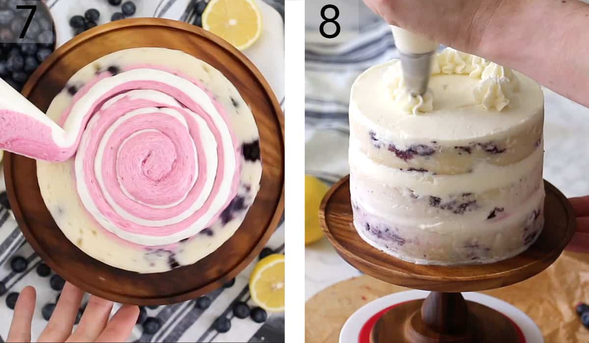 A lemon blueberry cake getting assembled and decorated.
