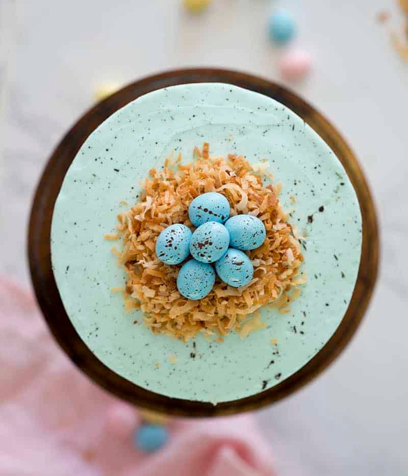 A top down photo of an easter cake.