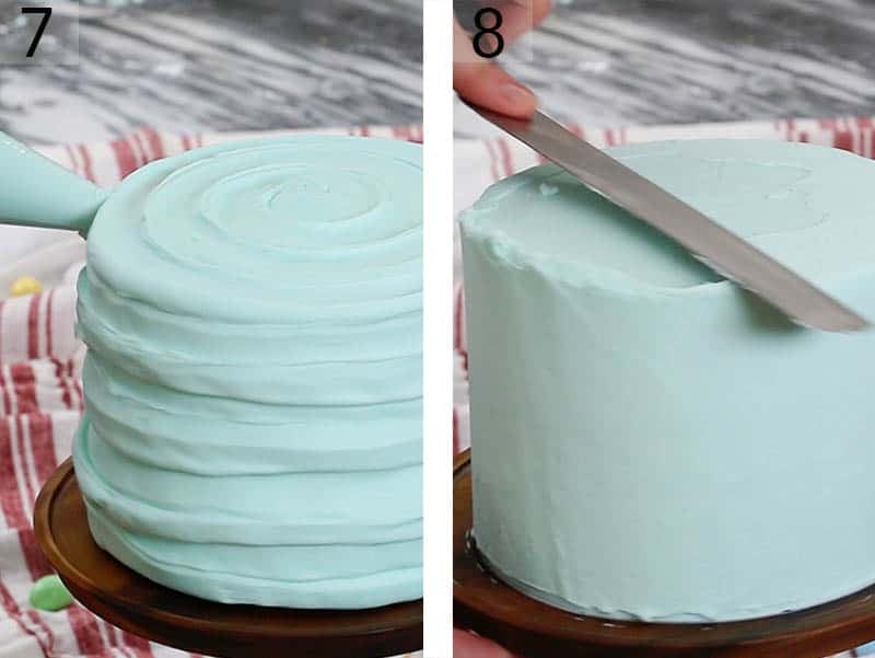 A Robin's egg blue Easter egg cake being smoothed.
