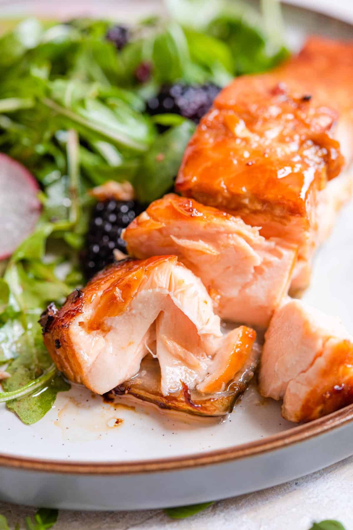 A close up of a fillet of salmon on a plate cut into with salad at the side