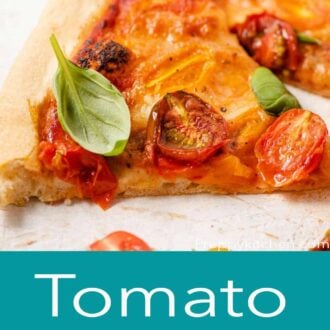 A pinterest graphic of a tomato pizza with cherry tomatoes
