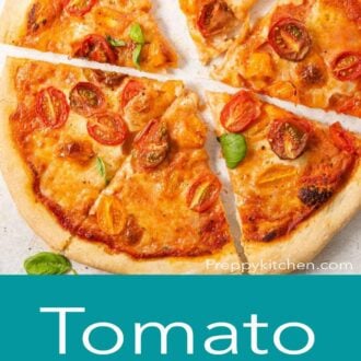 A pinterest graphic of a tomato pizza with cherry tomatoes