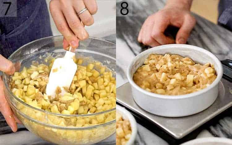Apples getting mixed into cake batter.