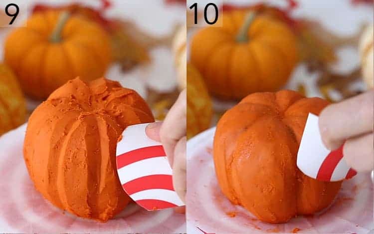 Two photos showing pumpkin bundt cakes covered in orange buttercream getting smoothed.