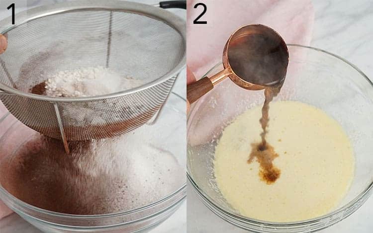 Two photos showing chocolate cupcake batter being made.