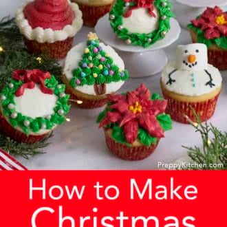 Pinterest graphic of an assortment of Christmas cupcakes.