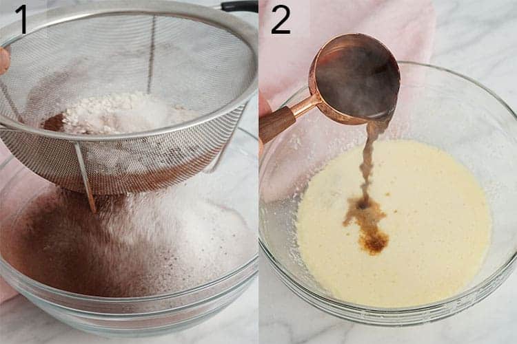 Wet and dry ingredients for Santa cupcakes getting mixed separately.