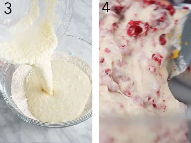 valentine heart cake batter getting mixed with raspberries.