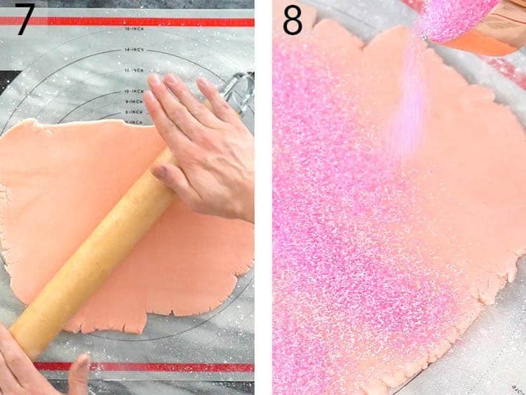 Sugar cookie dough getting rolled out and sprinkles with pink sugar