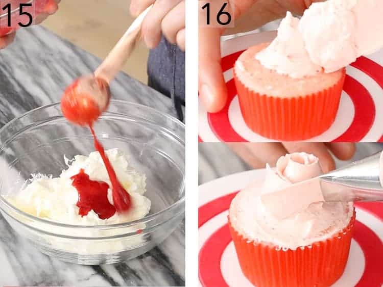 Raspberry reduction getting added to Swiss meringue buttercream.