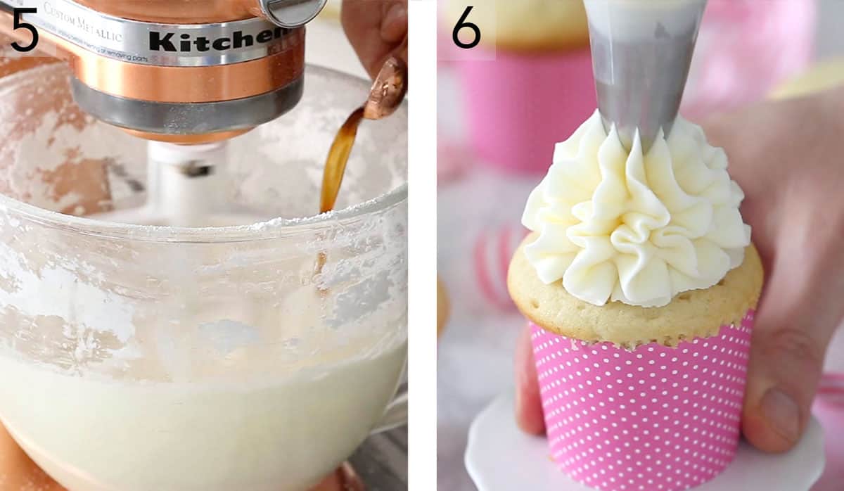 Vanilla extract pouring into a bowl of buttercream frosting.