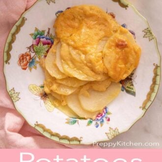 A Pinterest graphic of au gratin potatoes on a plate.
