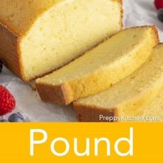 Pinterest graphic of a loaf of pound cake with two slices cut.