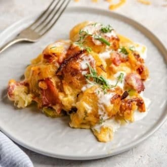 A serving of tater tot casserole on a plate.