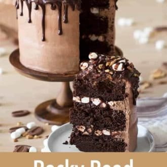 Pinterest graphic of a slice of rocky road cake on a plate with the rest of it in the background.