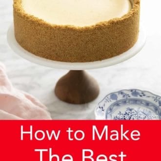 Pinterest graphic of a whole cheesecake on a cake stand.