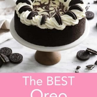 Pinterest graphic of an Oreo cheesecake on a cake stand.