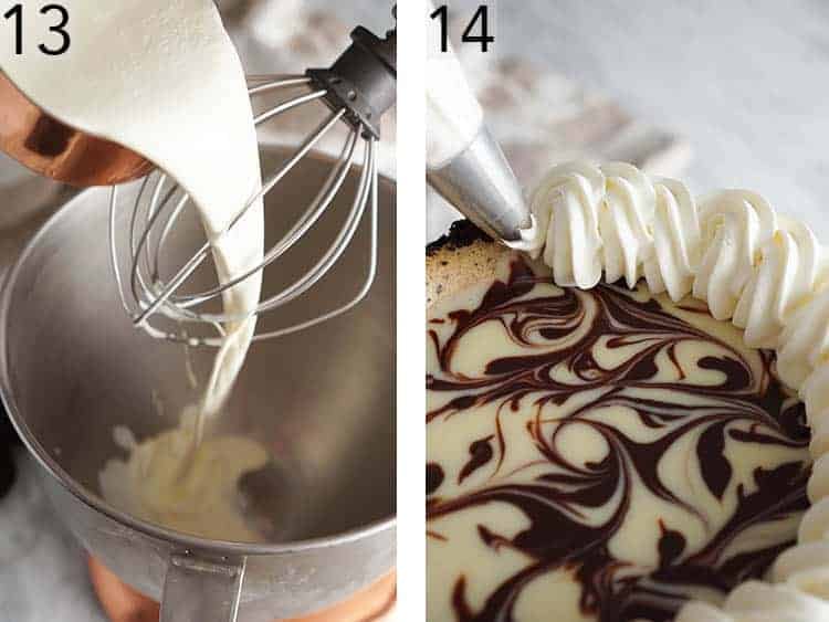 Heavy cream poured into a mixing bowl and whipped cream being piped onto an Oreo cheesecake.
