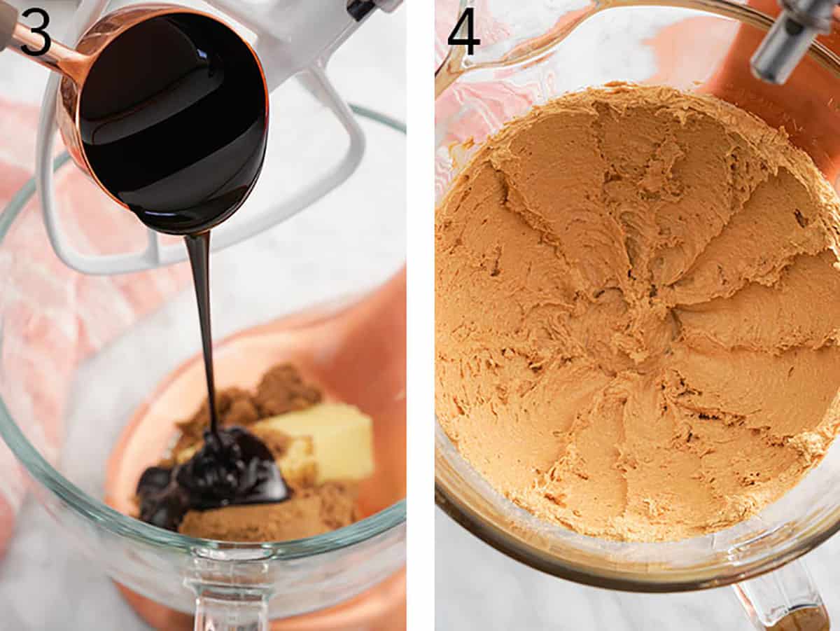 Set of two images showing molasses poured into a bowl with butter and brown sugar, then creamed.