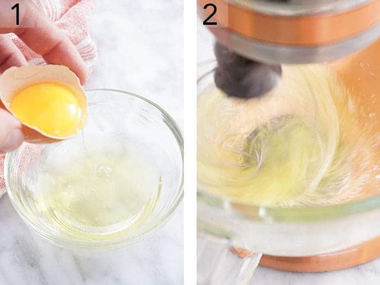 Set of two images showing egg whites separated for meringue cookies, and then whisked in a stand mixer.
