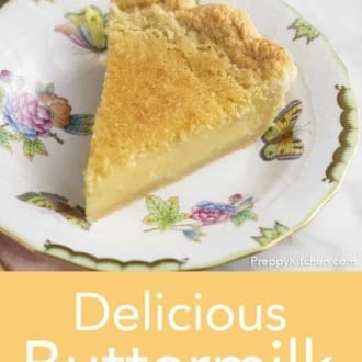 Pinterest graphic of a piece of buttermilk pie on a plate.