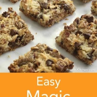 Pinterest graphic of magic cookie bars on a counter.