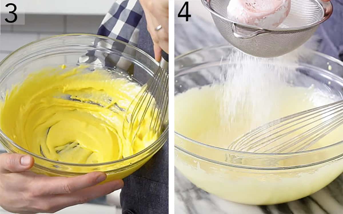 Set of two photos showing cream whisked and cornstarch added.
