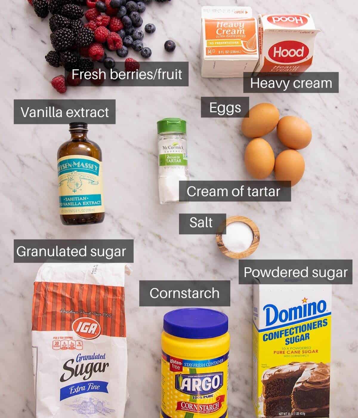 An overhead shot of all the ingredients you need to make pavlova.