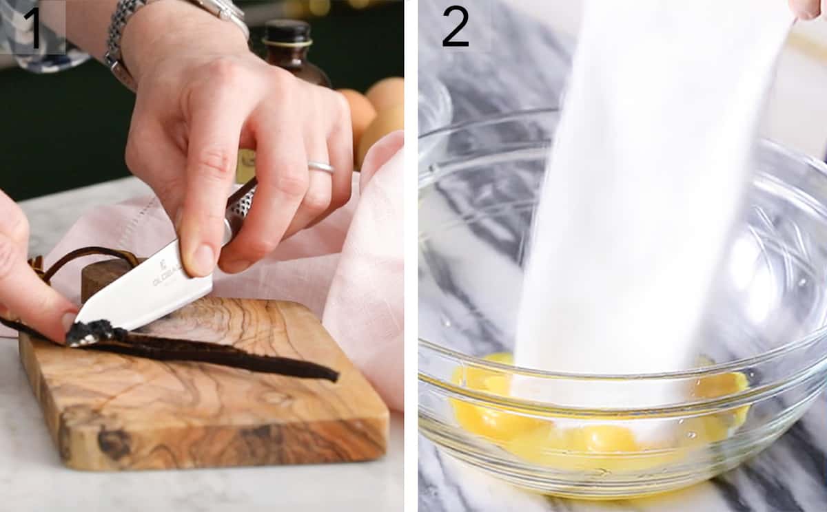 Set of two photos showing vanilla beans scraped and sugar added to egg yolks.