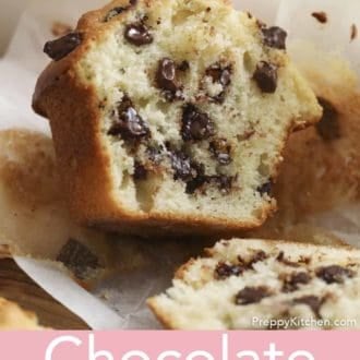 Pinterest graphic showing a chocolate chip muffin cut in half.