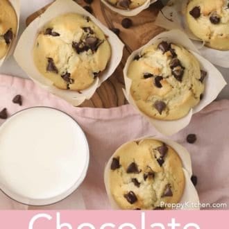 Pinterest graphic showing an overhead shot of chocolate chip muffins with a glass of milk.