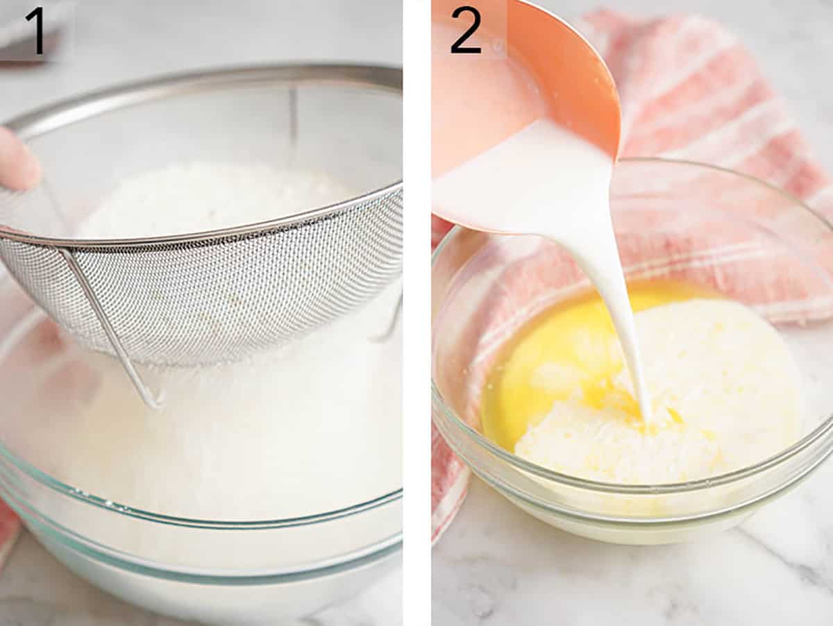 Set of two images showing wet and dry ingredients for chocolate chip muffin batter mixed in separate bowls.
