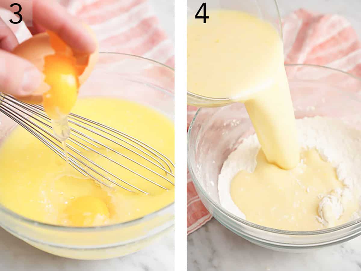 Set of two images showing wet ingredients poured into the dry mixture to make chocolate chip muffin batter.
