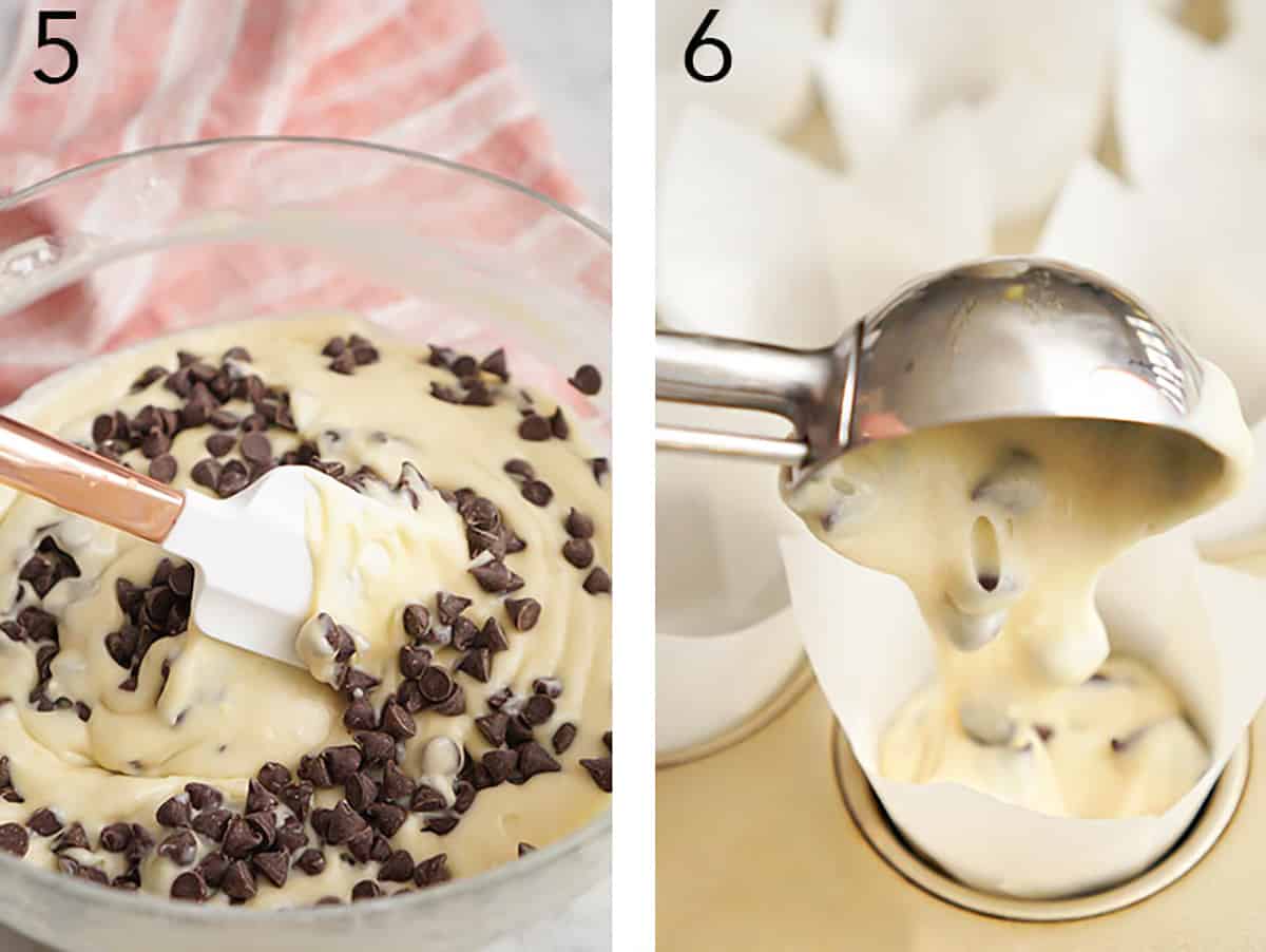 Set of two images showing chocolate chips folded into batter for chocolate chip muffins, and the batter scooped into muffin tin liners.