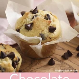 Pinterest graphic showing a choc chip muffin in a muffin liner with chocolate chips scattered around.