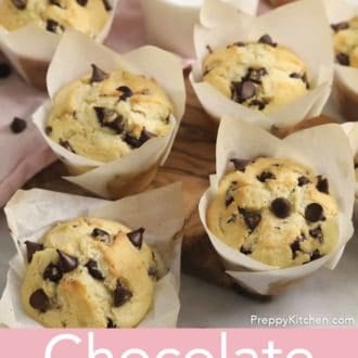 Pinterest graphic showing several chocolate chip muffins in muffin liners with a glass of milk.